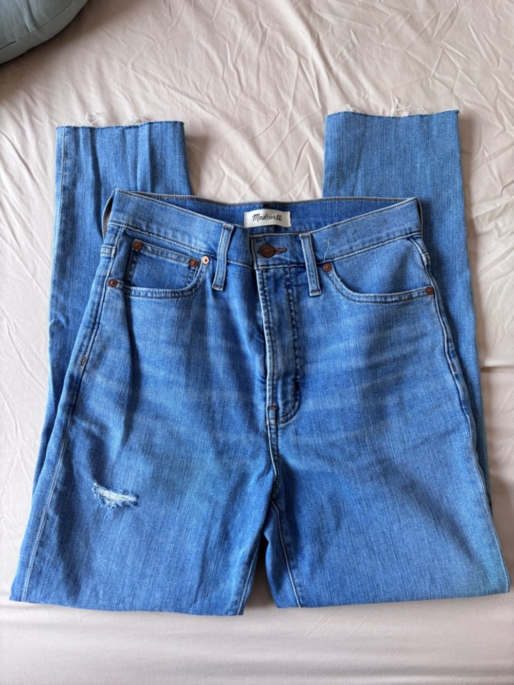 Madewell Medium Wash Blue Denim Jeans with Brown Leather Patch